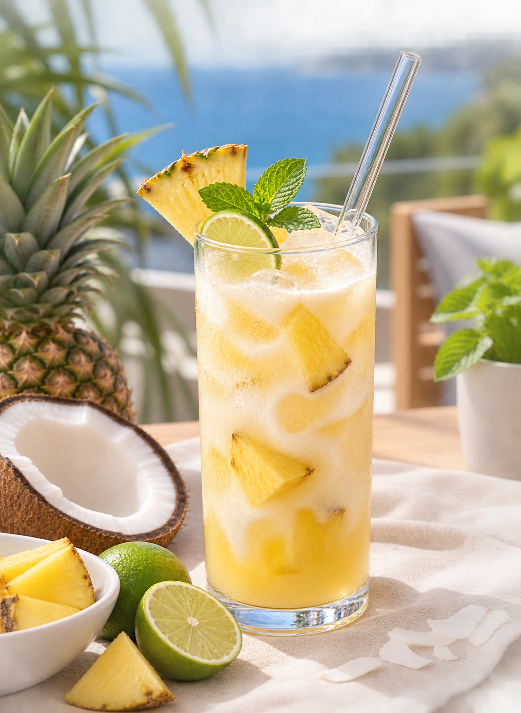 Kalter Ananas-Kokos-Mocktail mit Eis, Ananas, Limette, Minze und Glasstrohhalm im JumboDrinx Glas