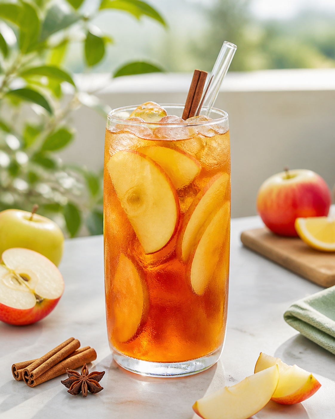 Kalter Apfel-Zimt-Eistee mit Eis, Apfelscheiben, Zimtstange und Glasstrohhalm im JumboDrinx Glas