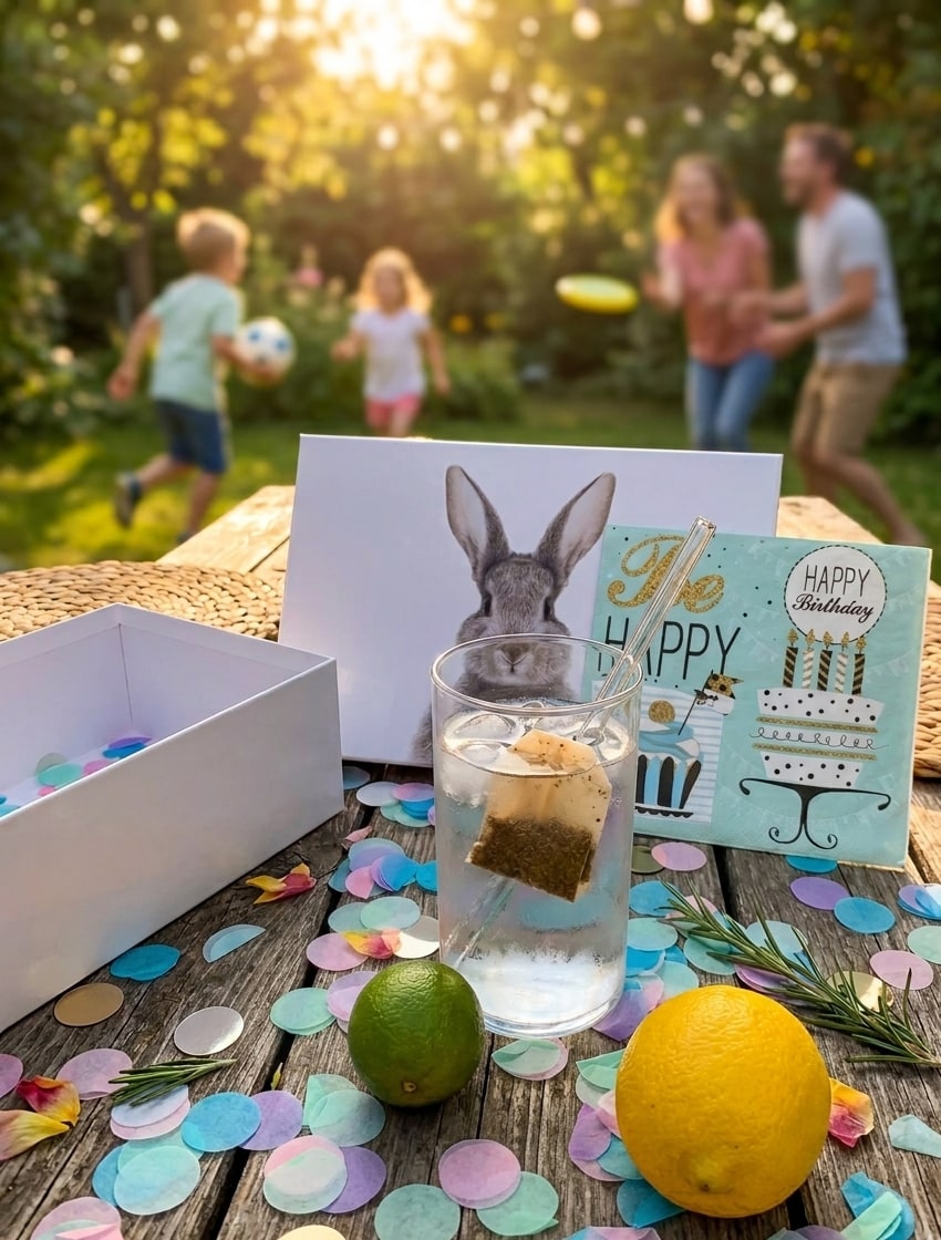JumboDrinx Glas als Geschenkidee im Garten mit Karte, Box und Zitrusfrüchten