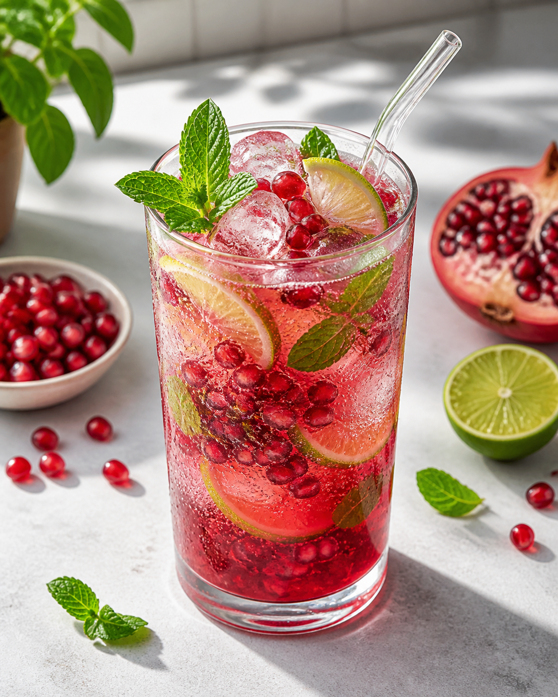 Kalter Granatapfel-Minze-Spritz mit Eis, Limette, Minze, Granatapfelkernen und Glasstrohhalm im JumboDrinx Glas