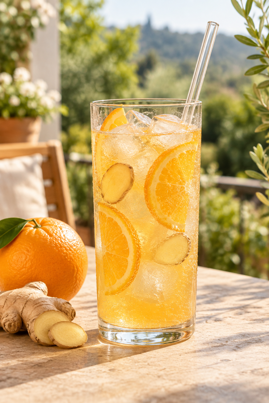 Kalter Orange-Ingwer-Sprudel mit Eis, Orangenscheiben, Ingwer und Glasstrohhalm im JumboDrinx Glas