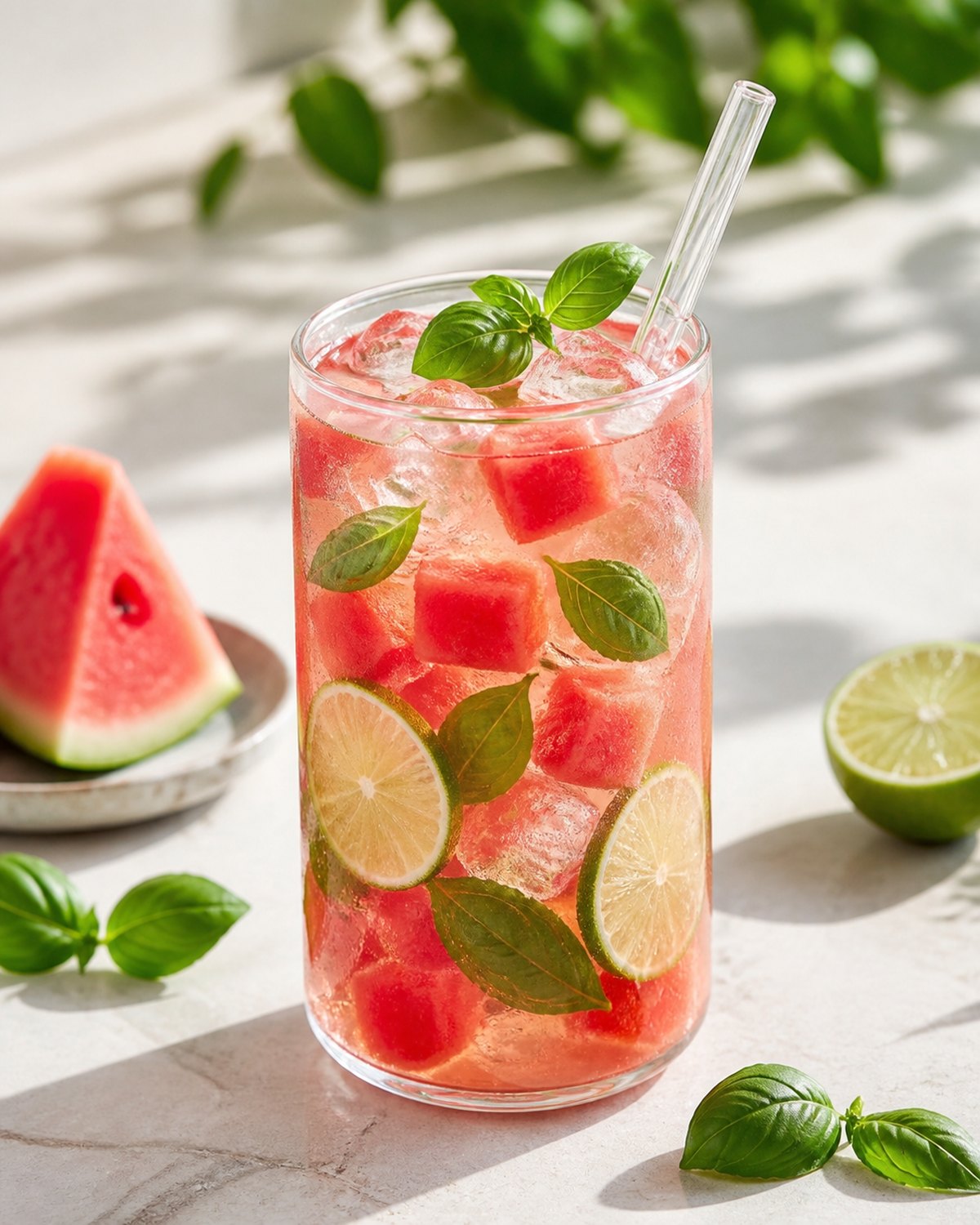 Neues Rezept: Wassermelone-Basilikum-Cooler mit Eis, Basilikum, Limette und Glasstrohhalm im JumboDrinx Glas